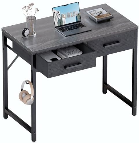 Pamray 32 Inch Small Computer Desk with 2 Drawers for Bedroom Study Writing Home Office Table for Small Spaces Grey