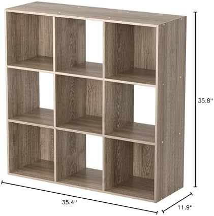 SUPER DEAL 9 Cube Open Shelf Bookcase, 3 x 3 Storage Organizer Shelf with 5 Removable Back Panels Wood Bookshelf System Display Rack for Home, Office, Bedroom, Living Room, Oak