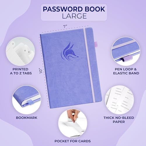Clever Fox Password Book with Alphabetical Tabs, 7"x10" Keeper Lavender