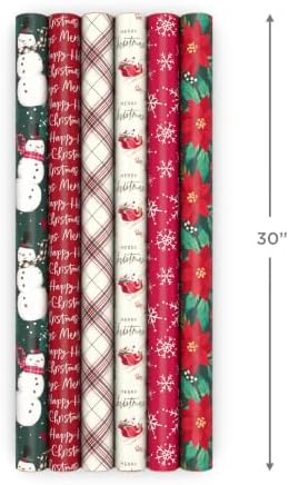 Hallmark Rustic Recyclable Christmas Wrapping Paper (6 Rolls: 180 Sq. Ft. Total) Red, White and Hunter Green Plaid, Poinsettias, Snowflakes, "Merry Christmas," Snowman, Santa