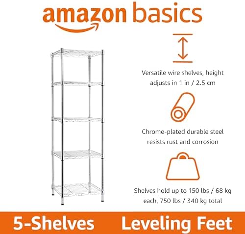 Amazon Basics 5-Shelf Tower Adjustable Storage Shelving Unit, Chrome, 16" x 16" x 54", 150 lbs Per Shelf