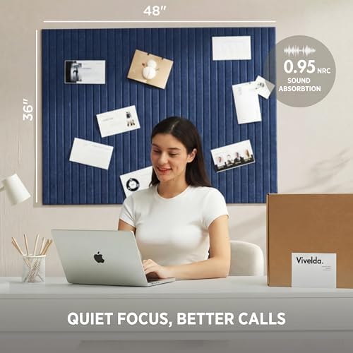 VIVELDA Felt Bulletin Board Tiles 48"x36" - 12-Pack Cork Board Alternative, OEKO-TEX Certified, NRC 0.95 Acoustic Felt Wall Panels, Damage-Free Adhesive, Slatted Design Home Office, Classroom (Indigo)