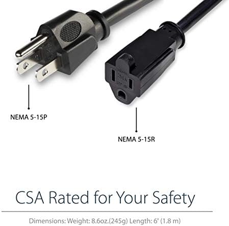 StarTech.com 6ft (2m) Power Extension Cord, NEMA 5-15R to NEMA 5-15P Black Extension Cord, 13A 125V, 16AWG, Outlet Extension Power Cable, AC Power Cord - UL Listed (PAC1016)