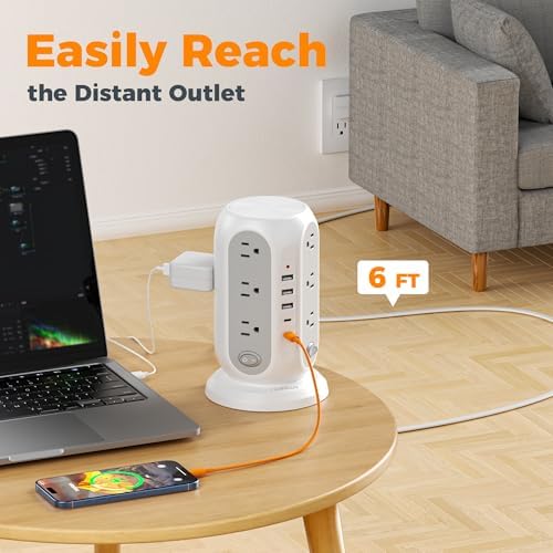 TESSAN Tower Power Strip Surge Protector, Flat Extension Cord 6 Ft, Grey