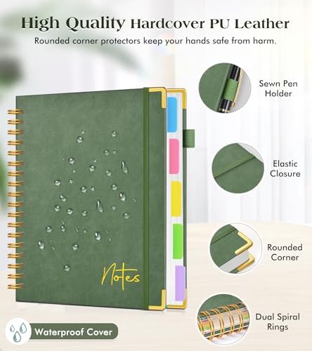 Spiral Notebook Journal with Removable Dividers Tabs, 300 Pages Hardcover Leather 5 Subject College Ruled Notebook, 6.1"x8.2" A5 Lined Journal for Women Men, Spiral Notebook for Work School,Green