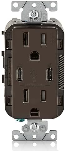Leviton T5637-B 30W (6A) USB Dual Type-C/C in-Wall Charger with 15A Tamper-Resistant Outlet, USB Charger for Smartphones and Tablets, Not for Laptops, Brown