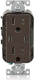 Leviton T5637-B 30W (6A) USB Dual Type-C/C in-Wall Charger with 15A Tamper-Resistant Outlet, USB Charger for Smartphones and Tablets, Not for Laptops, Brown