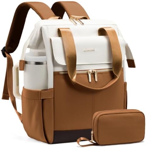 LOVEVOOK Laptop Backpack for Women with Giant Tumbler Holder, 15.6 Inch Work Laptop Bag with USB Port, Fashion Teacher Nurse Backpack Purse, Waterproof Travel Computer Backpack, 2PCS,Off-white-Yellow