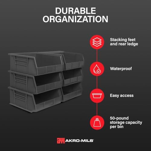 Akro-Mils 30235 AkroBins Plastic Storage Bins, 11"x11"x5", Black, 6-Pack