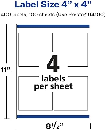 Avery® Glossy White Square Labels, Sure Feed® Technology, 4" x 4", 400 Glossy White Labels, Permanent Adhesive, Laser/Inkjet Printable