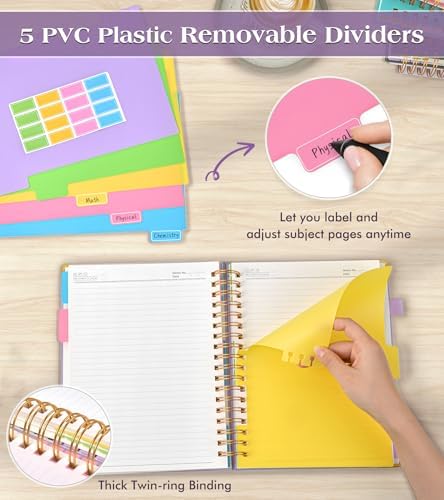 Spiral Notebook Journal with Removable Dividers Tabs, 300 Pages Hardcover Leather 5 Subject College Ruled Notebook, 8"x10" Large B5 Lined Journal for Women Men, Spiral Notebooks for Work School,Purple