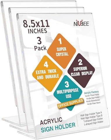 NIUBEE Acrylic Sign Holder 8.5 x 11 Vertical L-Shape Flyer Stand 3 Pack