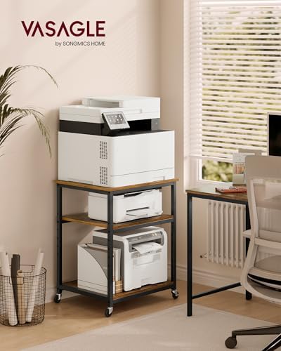 VASAGLE 3-Tier Printer Stand with Locking Wheels, Under Desk Printer Table
