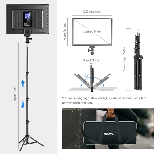 NEEWER 13" LED Video Light Panel Kit, 2 Pack Bi Color Dimmable with Tripod Stand, 4000mAh Battery, 3200K-5600K CRI97+, USB, for Studio/Streaming/YouTube, Black, NL-192AI