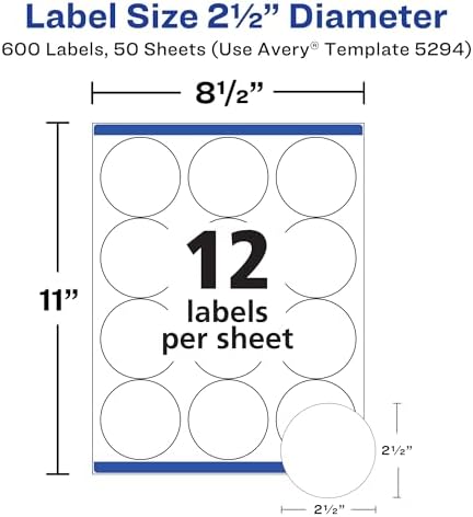 Avery® High Visibility Printable Round Labels, Sure Feed® Technology, 2.5" Diameter, White, Laser Printer, 300 per Pack, 2 Packs, 600 Customizable Blank Labels Total (45294)