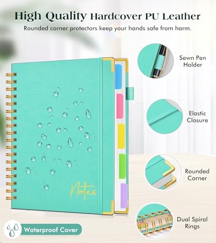 Spiral Notebook Journal with Removable Dividers Tabs, 300 Pages Hardcover Leather 5 Subject College Ruled Notebook, 6.1"x8.2" Large A5 Lined Journal for Women Men Spiral Notebook for Work School,Teal