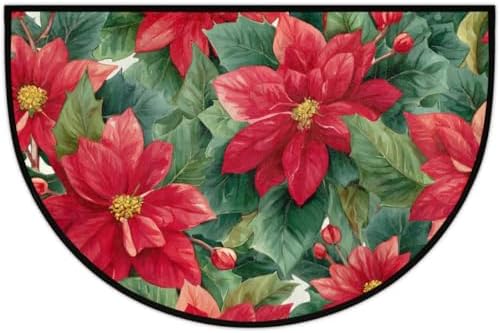 Pardick Christmas Poinsettia Half Round Door Mat, Non-Slip Welcome Indoor Entrance Way Rug Semi Circle Front Doormats Washable Bathroom Kitchen Floor Mat, Outdoor Rugs for Garage, Patio, Hearth Rug