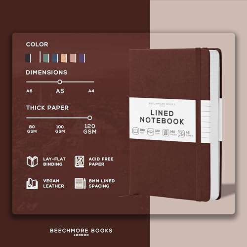 BEECHMORE BOOKS Premium Lined Leather Journal for Men & Women, 5" x 8" (A5) Thick 120gsm Ivory Cream Paper Notebook, Hardcover Vegan Leather Personal Diary, With Gift Box (Chestnut Brown) (Pack of 2)