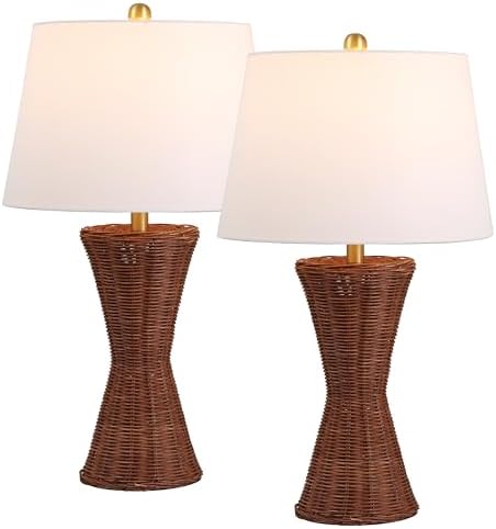JONATHAN Y Laura Table Lamp 27" Rattan Hourglass, Dark Brown, Set of 2