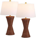 JONATHAN Y Laura Table Lamp 27" Rattan Hourglass, Dark Brown, Set of 2