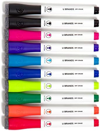 U Brands Fine Tip Dry Erase Markers with Eraser, Low Odor Whiteboard Markers Fine Tip, Assorted Bright Colors, Set of 10