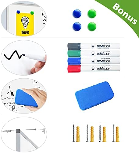 DEVELOP Magnetic Large Dry Erase White Board, 60 x 36 Inches / 5’ x 3’ Wall-Mounted Whiteboard for Office Classroom Home, Includes 4 Markers, 4 Magnets, Ruler & Erase