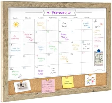 Dry Erase Calendar Whiteboard for Wall, Small Combination Magnetic Dry Erase White Board & Bulletin Board, 13" x 17" Rustic Brown Frame Calendar/Cork Combo Board(RB-3343)