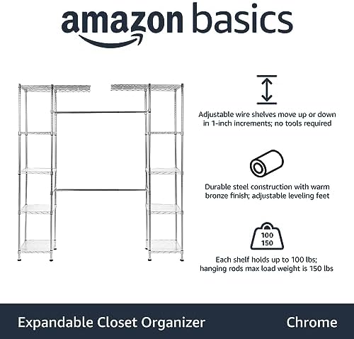 Amazon Basics Expandable Adjustable Metal Closet Organizer with Hanging Rod, Clothes Rack, Shelves, 57-80 x 14 x 72 inches (LxWxH), Chrome