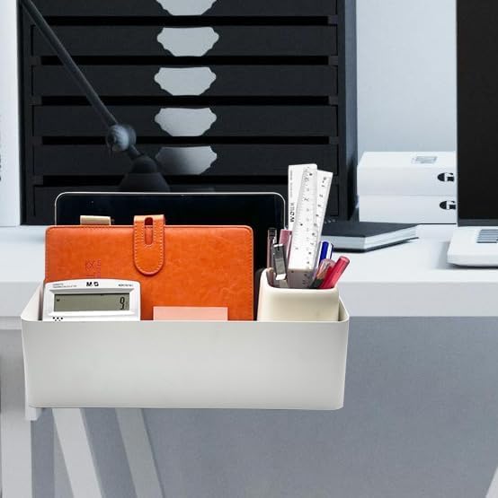 Desk Side Storage Hold Up To 11lbls Hanging Side Of Desk Organizer Clamp On Table Edge To Store Office Accessories, Gaming Devices, Cups For Office, Living Room, Dinning Room (White)