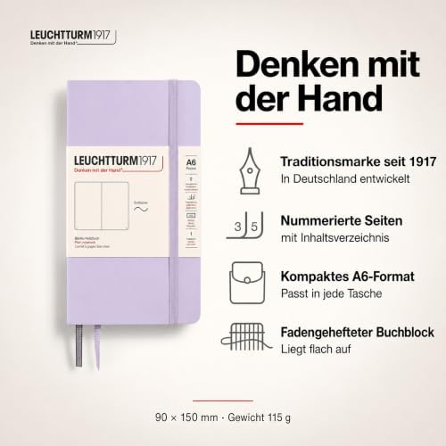 LEUCHTTURM1917 - Notebook Softcover Pocket A6-123 Numbered Pages for Writing and Journaling (Plain, Lilac)