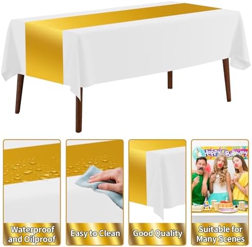 CXPSINC 54 Inch X 300 Feet Plastic Table Cover Roll Disposable Tablecloth with Slide Cutter for All Type/Shape Tables | Party, Banquet, Birthdays, Weddings(White & Glod, 300 Feet)