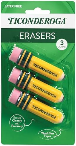 Ticonderoga Pencil Shaped Erasers, Yellow, 3 Count