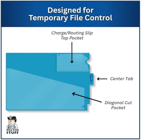 Doctor Stuff - Center Tab Vinyl Outguides, Diagonal Cut Front Pocket, Top Charge Out Slip Pocket, Plastic File Folder, Letter Size 9" x 13-1/4", Light Blue, 25/Box