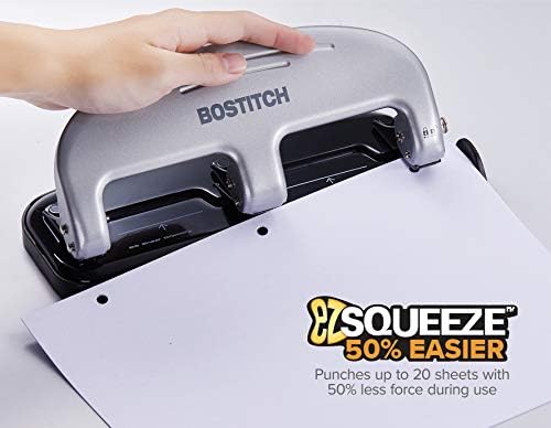 Bostitch Office EZ Squeeze 3-Hole Punch, 20 Sheet Capacity, Reduced Effort, No Jam Technology, Silver