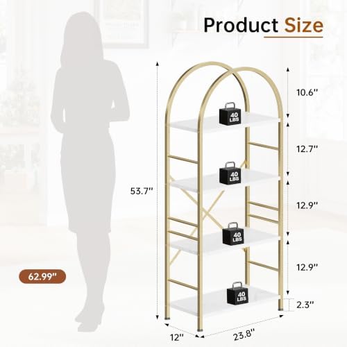 Shintenchi Arched Bookshelf, 4 Tier Bookcase, Tall Storage Shelf, Golden