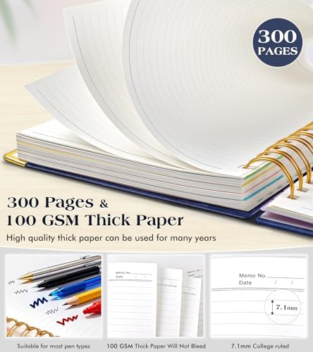 Spiral Notebook Journal with Removable Dividers Tabs, 300 Pages Hardcover Leather 5 Subject College Ruled Notebook, 8"x10" Large B5 Lined Journal for Women Men, Spiral Notebooks for Work School, Navy