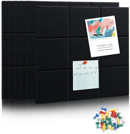 6 Packs Black Cork Board Felt Board Tiles, Bulletin Board 12"X12" with 30 Push Pins, Felt Board for Home Kitchen Office Decor, Self-Adhesive Corkboard Tiles for Walls School Message Display Board