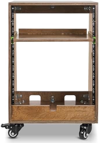 Sound Town DIY Slanted 12U Studio Rack (4U Top + 8U Lower), with 2U Bottom Storage, Slide-Out Tray, Caster, Plywood, Weathered Brown for Recording Room, Home Studio (SDRK-ST12TB)