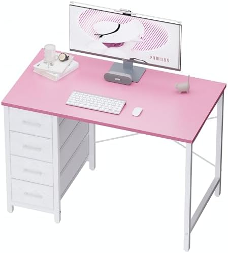 Pamray 32 Inch Computer Desk with 4 Drawers Small Office Desk for Home Bedroom Study Writing Simple Modern Computer Table Pink