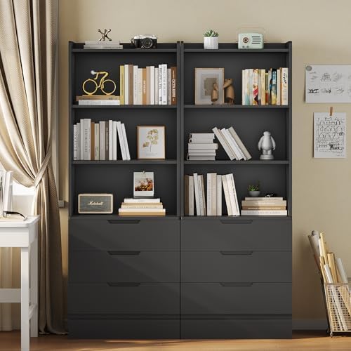 DICTAC Bookcase Set of 2 with 3 Drawers 73.23'' Bookshelf Storage Cabinets with Shelves and Drawers Kitchen Pantry with Microwave Stand,Storage Organizer for Living Room,Office,Study,Bathroom