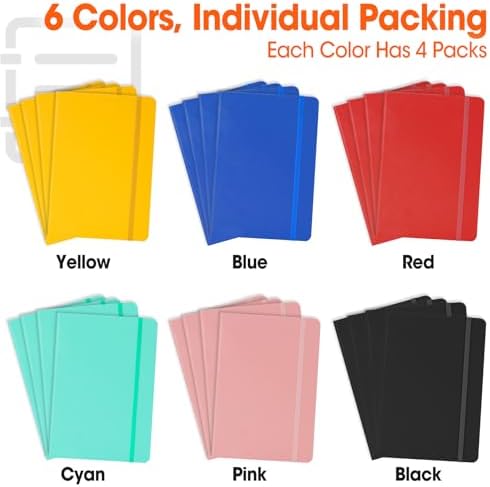 24 Pack Lined Journal Notebook for Work, 200 Pages, Medium 5.5" x 8.3", A5 College Ruled Notebook, 6 Colors, Hardcover Journaling Notebooks for Writing, Note Taking