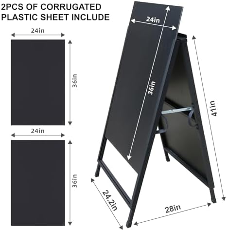 Pionites Heavy Duty Slide-in Folding A Frame Sign Sidewalk Sign 24x 36 Inch Steel Metal Double-Side Pavement sign Corrugated Plastic Poster (1, Black, 24''X36'''(Plastic Backing include))