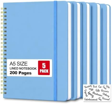 5 Pack Hardcover Spiral Notebooks, 8.3" x 6.3" Lined Journal Set, 100 GSM Bleed-Resistant Paper, 200 Pages Twin-Wire Bound Notebook with Elastic Band & Category Stickers for Office, School
