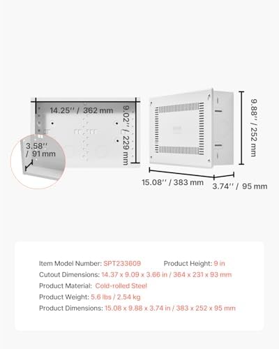 VEVOR Structured Media Enclosure, 9-Inch, Recessed in-Wall Media Box with Cover, Wall-Mount Cable Management Box Kit, Structured Wiring Multi-Media Cabinet, Cold-Rolled Steel, for TV Home Theater