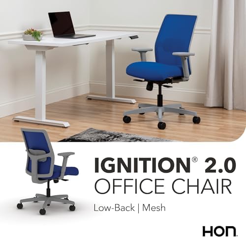 HON Ignition 2.0 Low Back Task Chair, Spectrum Mesh, Standard Synchro-Tilt Control, Office Chair with Lumbar Support, Height and Width Adjustable Arms, Titanium Frame, Cobalt