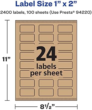 Avery® Kraft Brown Rectangle Labels, Sure Feed® Technology, 1" x 2", 2,400 Kraft Brown Labels, Print-to-The-Edge, Laser/Inkjet Printable