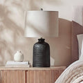Nourison Home 24" Black Textured Ceramic Table Lamp with Tan Linen Shade, Rustic Farmhouse Accent Lamp, Bedside Lamp for Bedroom, Nightstand, Living Room