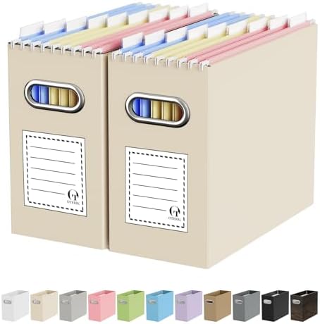 Oterri Portable Collapsible Cardboard File Box with Handle for Letter-Size | 2-Pack. Stainless Steel Handle. Label Stickers Included. Fits Letter Folders (Not Included). Home, Office, School, Dorm, Tax.