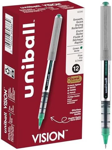 Uniball Vision Rollerball Pens, Green Pens Pack of 12 - 0.7mm Fine Point Medium Ink - Japanese Pens, Smooth Writing Pens, School & Office Supplies