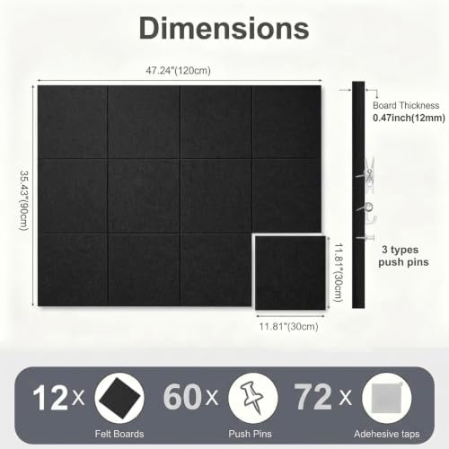 Felt Wall Tiles Bulletin Board Large Cork Board Alternative 12 Pack 11.81”x11.81”x0.47” Felt Pin Board Tack Board with Safe Removable Adhesive Tabs for Home Office School 48x36(Black)